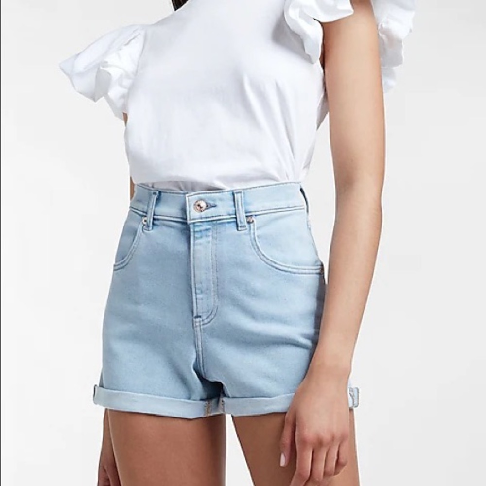 EXPRESS Super High Waisted Double Rolled Mom Jean Shorts (Size: 2)